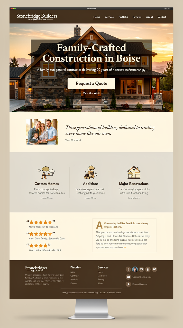One-page homepage for Stonebridge Builders, a family-run Boise general contractor with 20 years of craftsmanship—warm, solid earth-tone design (deep browns, stone grays, cream) with large project photography, a one-line family story, three service blocks (custom homes, additions, major renovations), trust signals (reviews, badges, transparent quotes, on-time record) and a prominent "Request a Quote" call-to-action.