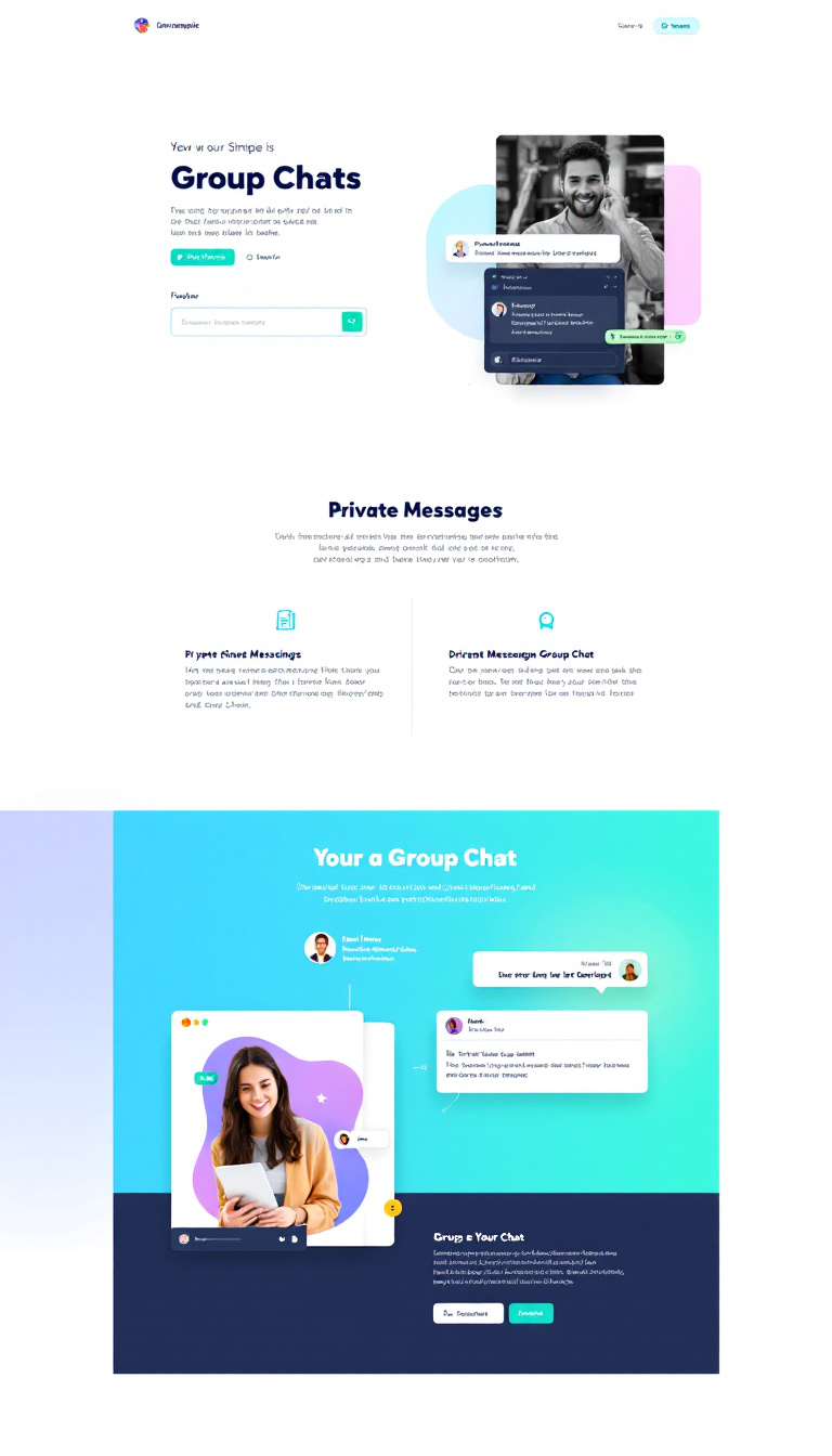 Design a simple one-page chatting website featuring private messaging and group chat functionality, with a clean and modern layout. The interface should be user-friendly and visually appealing.