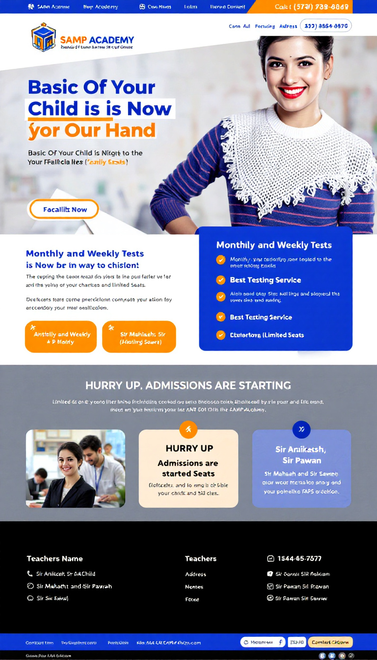 Create a vibrant one-page website for "SAMP Academy" featuring the tagline "Basic Of Your Child Is Now In Our Hand." Highlight facilities like "Monthly and Weekly Tests" and "Best Testing Service," with a bold call to action: "HURRY UP, ADMISSIONS ARE STARTING (Limited Seats)." List teachers' names (Sir Anikait, Sir Mahesh, Sir Pawan, and Sir Sawai), and include the address and contact numbers. Use a professional color scheme of blue, white, and orange to emphasize key details.