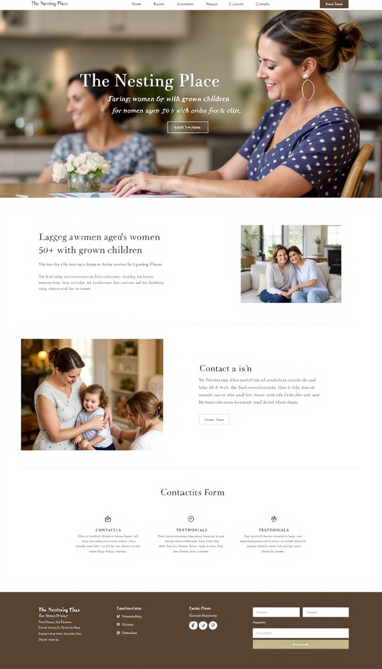 Design a clean, elegant one-page website for "The Nesting Place," targeting women aged 50+ with grown children. Include a contact form, testimonials, and an easy-to-navigate layout to create an inviting experience.
