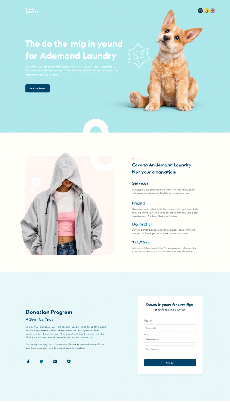 Create a simple and clean one-page website for CleanDive, an on-demand laundry service. The design should feature a hero section with an engaging image, a catchy headline, and call-to-action buttons, along with a navigation menu highlighting services, pricing, a donation program, and user signup options.