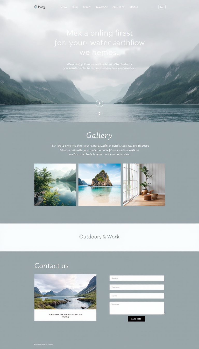 Design a one-page portfolio website for a small business with a focus on outdoor and water themes, featuring a gallery of work and a contact form. The site should convey a natural and refreshing vibe to attract potential clients.