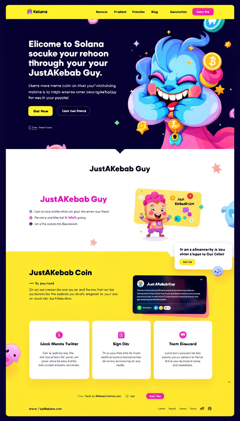 Design a vibrant and playful one-page landing website for the Solana-based meme coin 'JustAKebabGuy.' Incorporate meme-inspired aesthetics, bright colors, and a humorous tone to showcase the project and its community, along with links to Twitter and Discord for engagement.