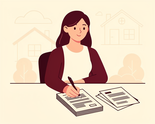 Warm flat vector illustration: Illustration of a woman confidently signing closing papers on a home sale. Simple friendly shapes, cohesive warm palette of maroon and cream tones, no text or labels.