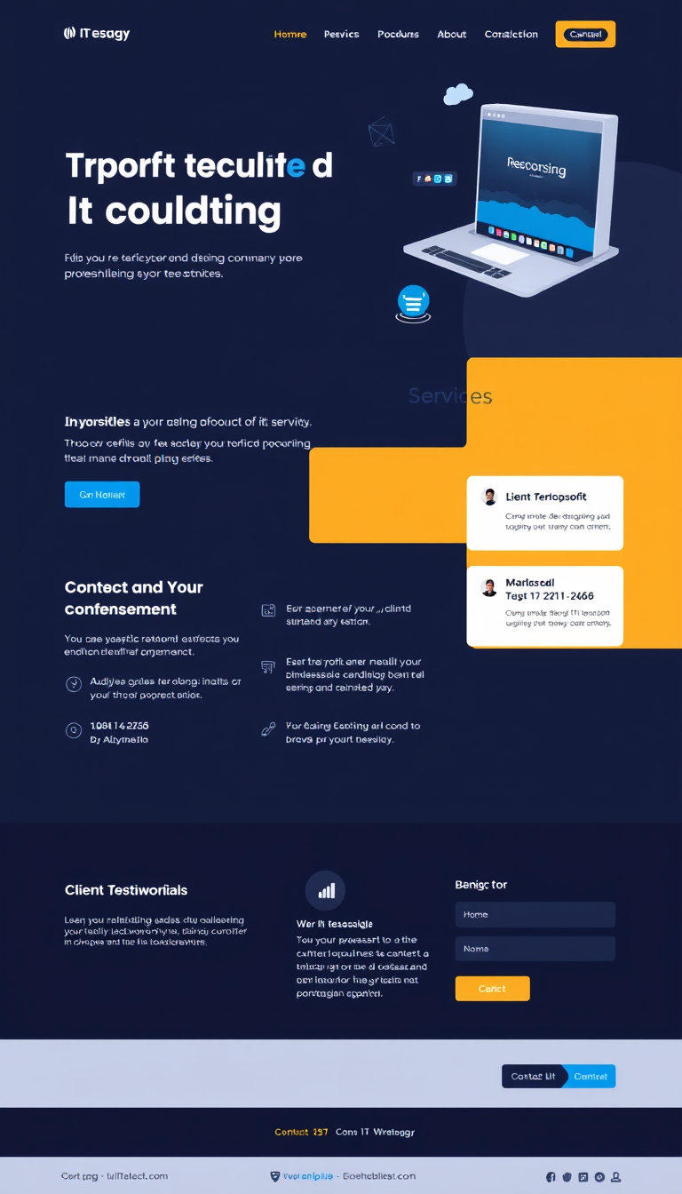 Design a simple and clean one-page website for an IT consulting business, showcasing services, client testimonials, and contact information. Use a professional color scheme and modern layout for a tech-savvy audience.