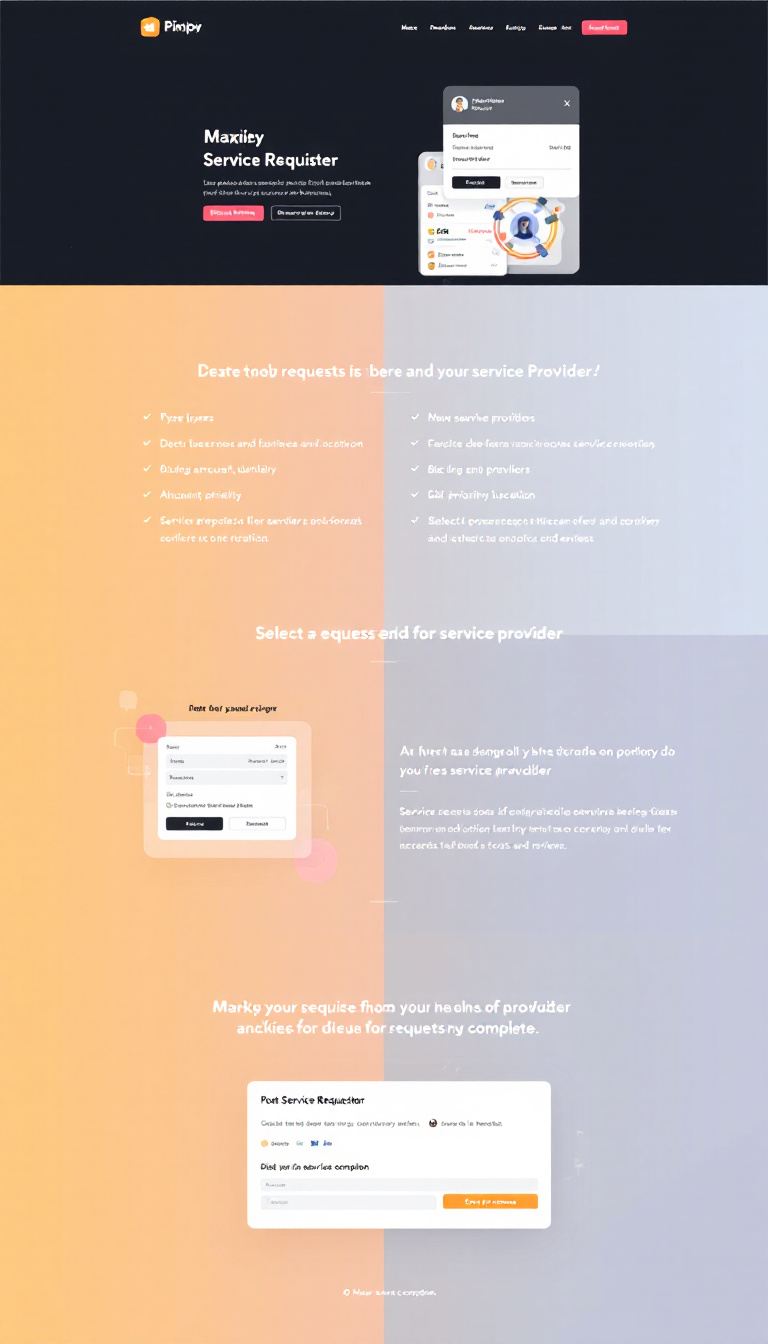 Create a one-page website that features user and service provider authentication, allowing users to post service requests with details like type, amount, duration, priority, and location. Service providers receive notifications and can bid on requests, after which users select a provider based on ratings, cost, and reviews, marking the request as complete when chosen.