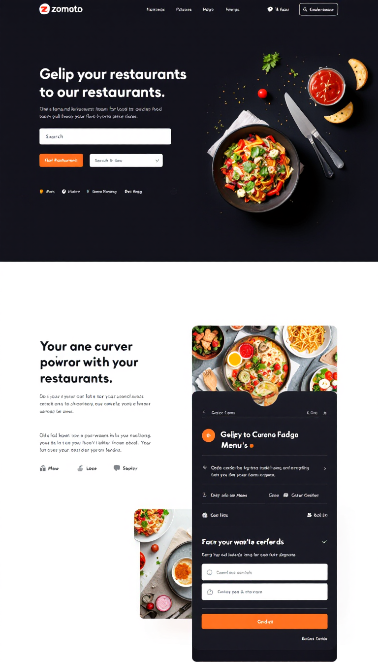 Create a simple one-page food ordering website inspired by Zomato, featuring an attractive layout, a search bar for restaurants, a menu display, and a streamlined ordering process. The design should be clean and user-friendly.