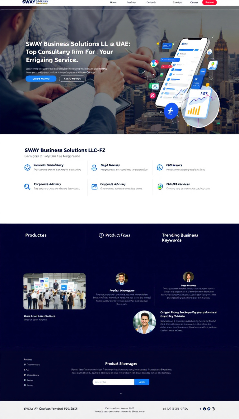 Design a one-page website for SWAY Business Solutions LLC-FZ, a top consultancy firm in the UAE. The website should highlight services like business consultancy, registrations, corporate advisory, and PRO services, while also featuring product showcases, FAQs, and trending business keywords.