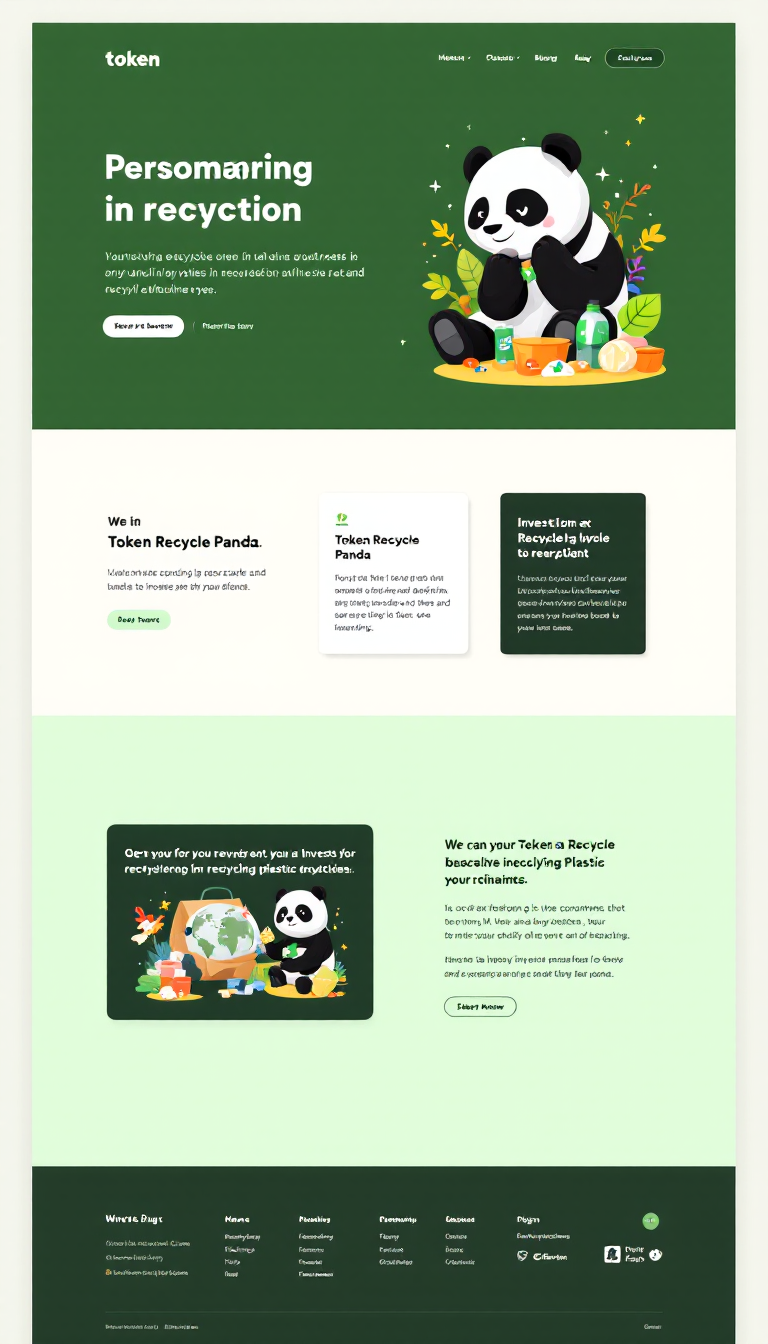 Design a one-page website for "Token Recycle Panda," a company that invests in recycling plastic businesses. The site should have a clean and modern aesthetic, showcasing the mission and benefits of investing in sustainable practices.