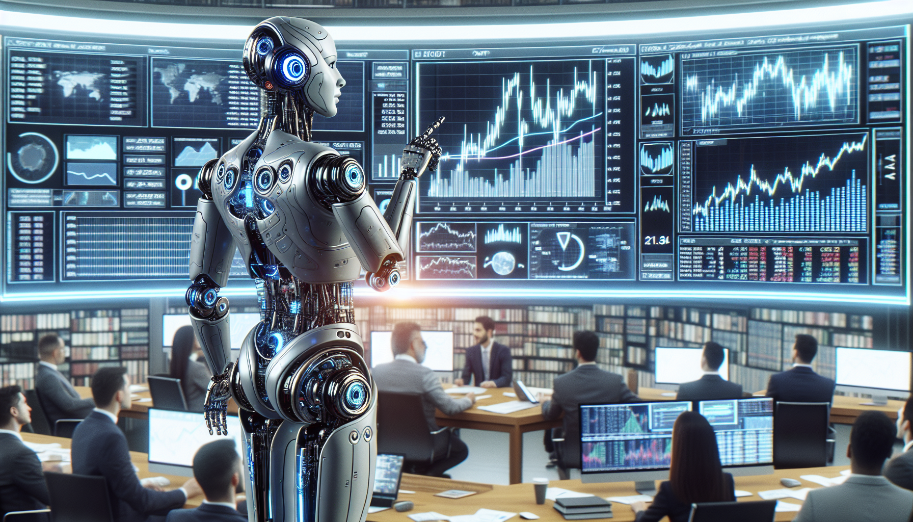 AI Robot Professional Trader working at levixia capital firm managing investments and teach share market