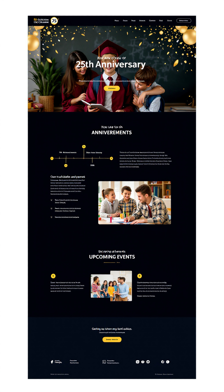Create a one-page website for a school's 25th anniversary, targeting students and parents. Incorporate a timeline of achievements and a section for upcoming events, using gold accents for a festive theme. The design should be engaging, informative, and feature clear navigation to other parts of the school's website.
