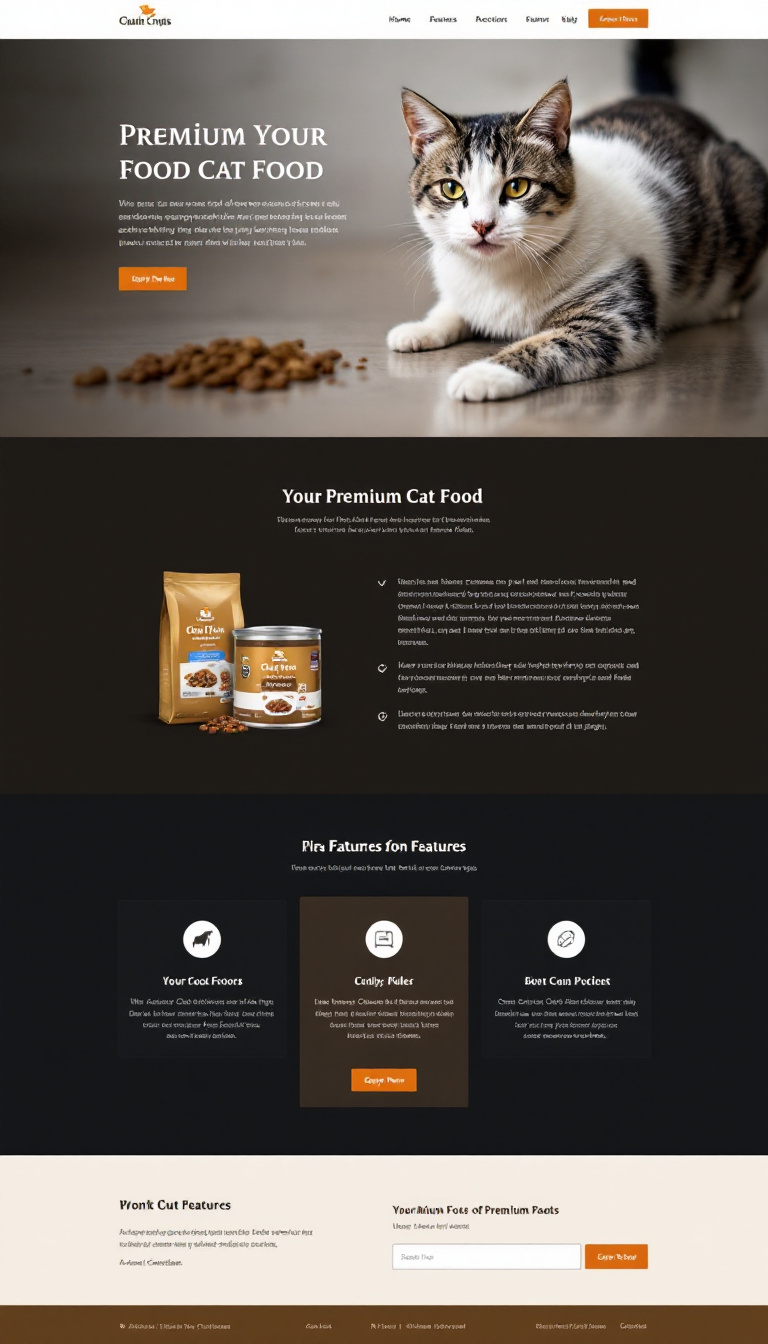 Design a simple one-page website to promote and sell premium cat food. The layout should be clean and visually appealing, highlighting product features and benefits.
