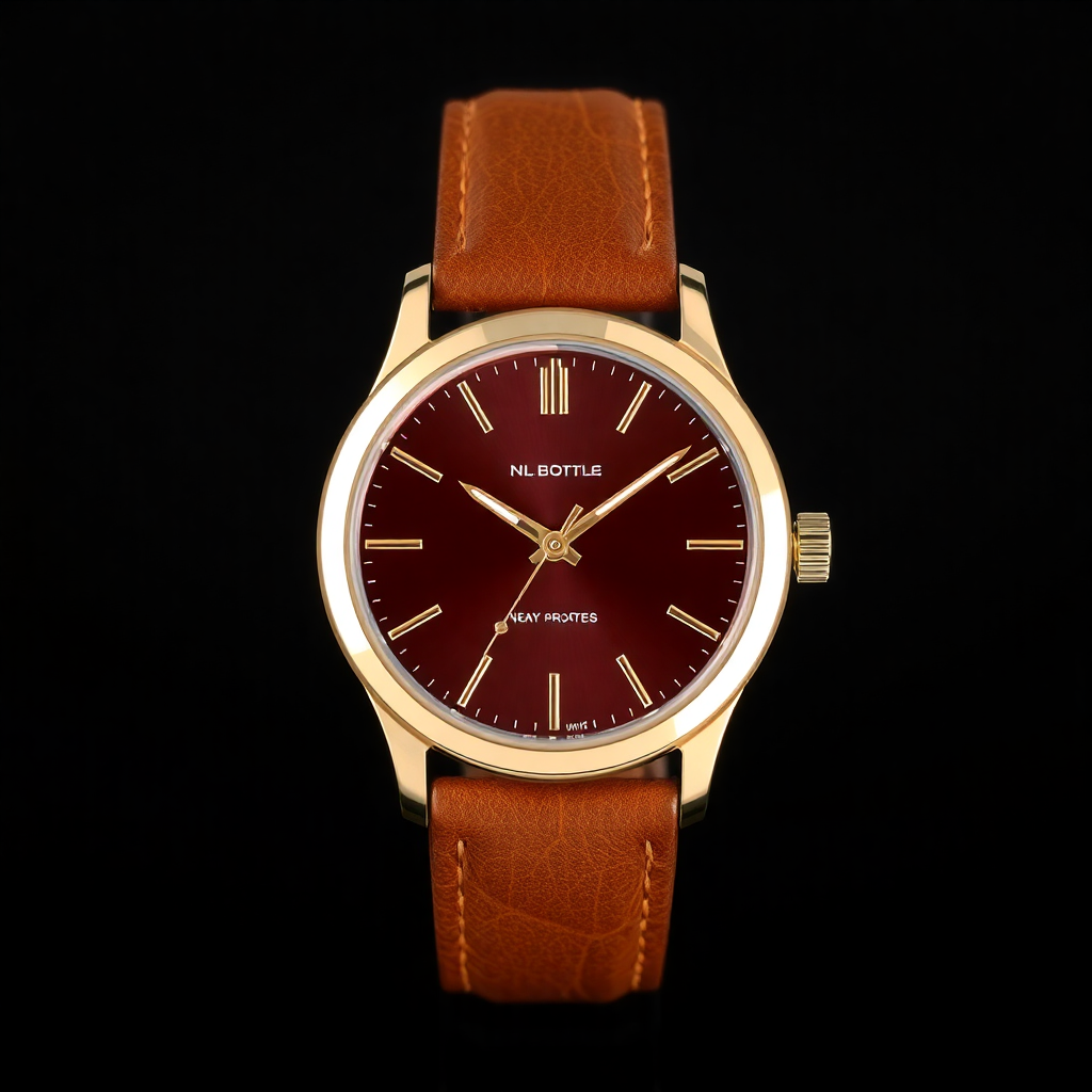 luxury gold watch with brown leather strap
