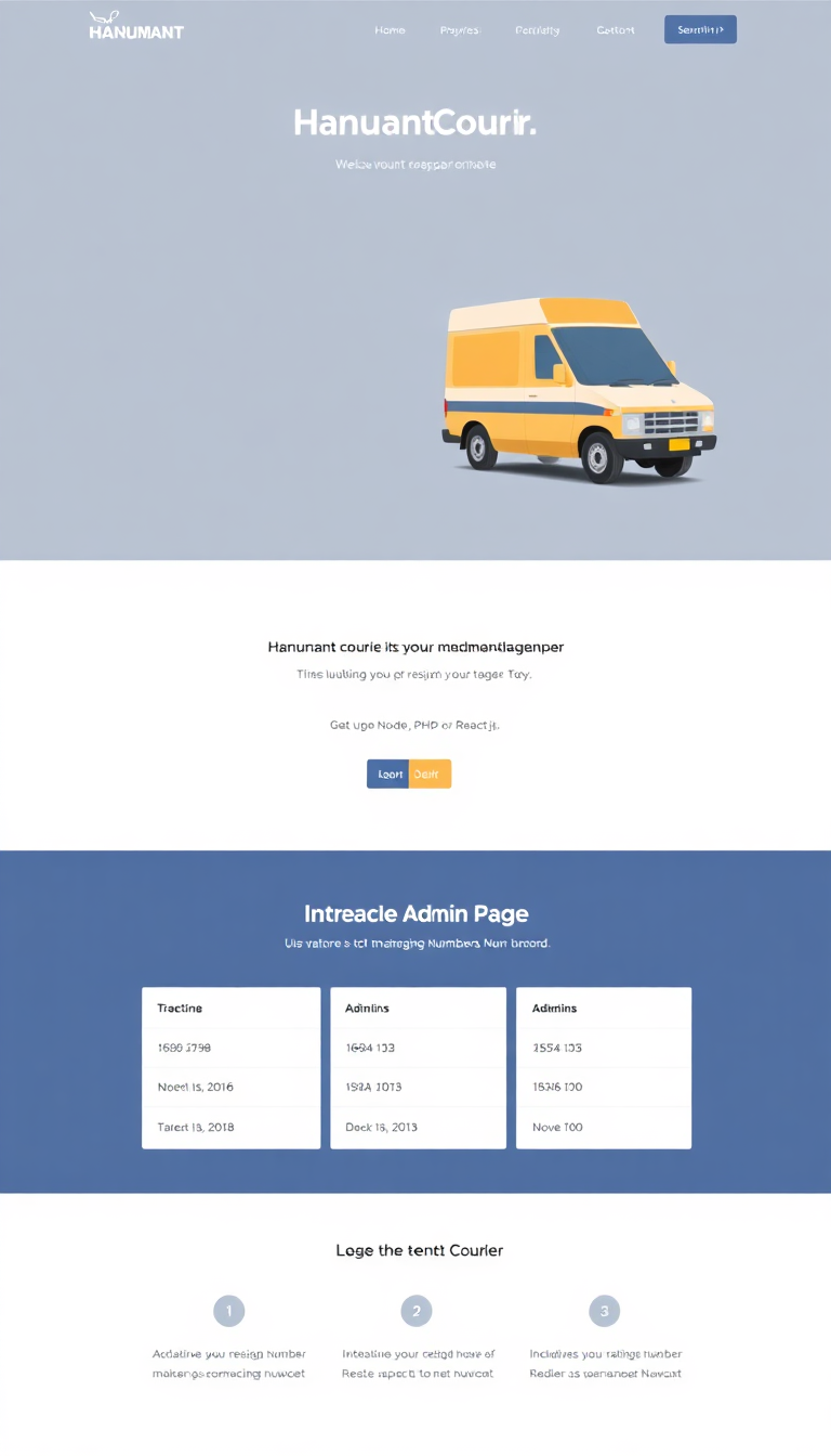 Create a one-page responsive website for "Hanumant Courier," featuring a modern design with a tracking service. Include an interactive admin page for managing tracking numbers, built using Node.js, PHP, or React.js.