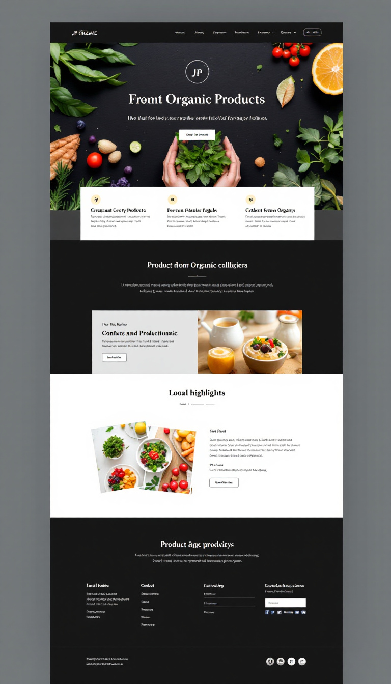 Create a simple one-page website for "JP ORGANIC," showcasing organic products with a clean layout, vibrant images, and a clear call to action. Include sections for product highlights and contact information.