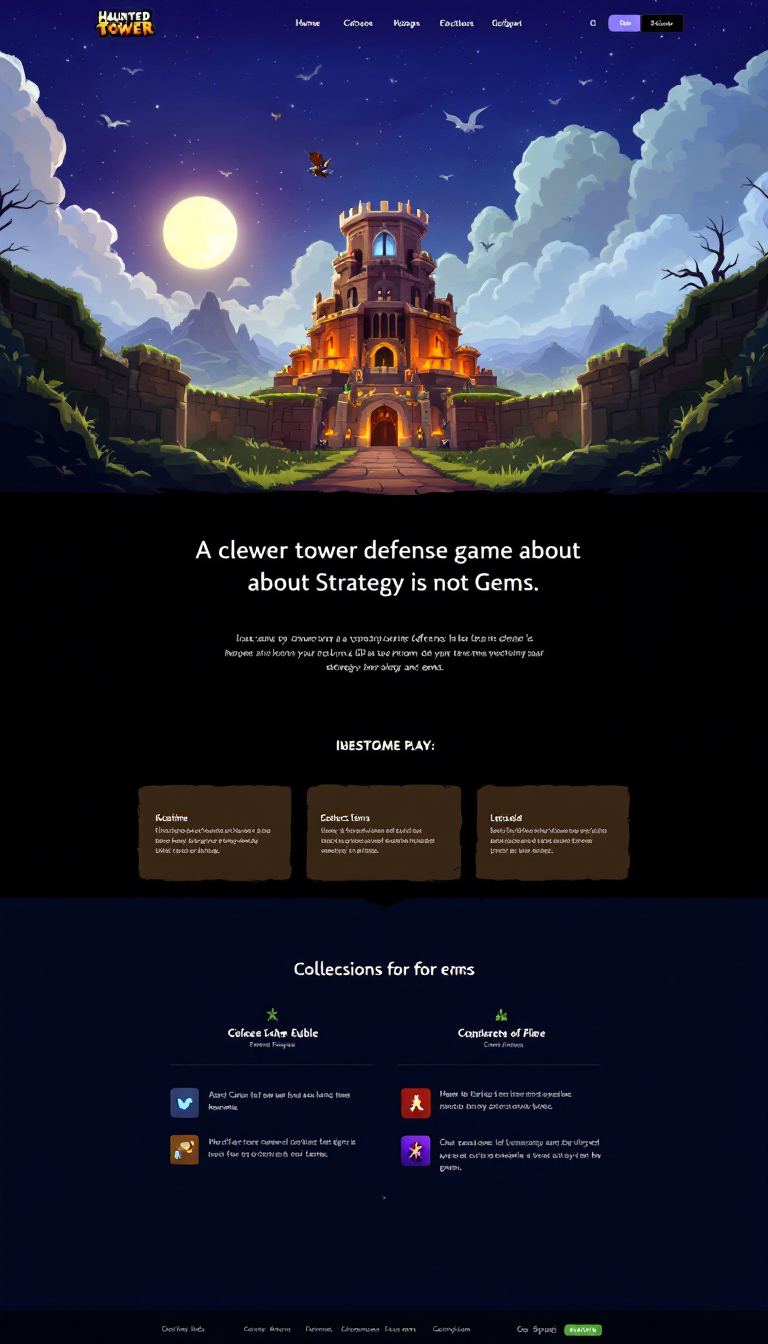 Design a one-page website for the game "Haunted Tower," a 2D top-down tower defense game available on iPhone, Android, Steam, and web. Include the tagline: "A clever tower defense game about Strategy and not Gems."