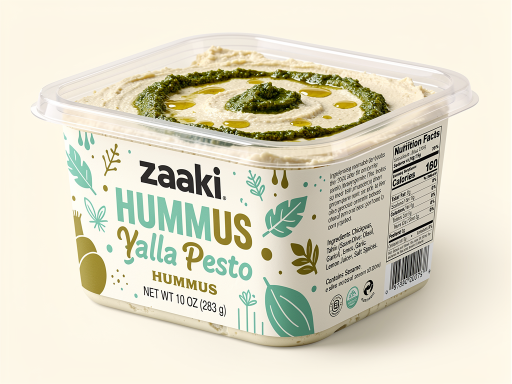 Create a high-quality, retail-ready product mockup of Zaaki “Yalla Pesto” Hummus in a square, transparent plastic container with a square lid, suitable for U.S. grocery stores.
The design should feel fresh, energetic, and vibrant, with a playful twist on a familiar flavor. Modern, green, and full of personality.
The word “HUMMUS” must appear clearly on the front label, paired with the flavor name “Yalla Pesto.”
Include realistic FDA-required labeling elements (net weight, ingredients, allergen statement, nutrition facts panel placed on side or back).
Color emphasis:
Mint/teal #60C3AD
Olive green #A7A838
Off-white #FFFDF9 for contrast
Use the Zaaki logo exactly as provided, bold and centered.
Illustrated elements should be simple, playful, and graphic — herb shapes, leafy marks, oil drips — avoiding ornate Mediterranean decoration or photorealistic collages.
The hummus inside is visible, topped with a vibrant green pesto swirl.
Overall vibe:
Herby, bright, and fun
A little rebellious, very fresh
“All the green flags” energy
Lighting should be bright and clean. Final image should feel modern, joyful, and shelf-ready, perfectly aligned with Zaaki’s website and brand world.