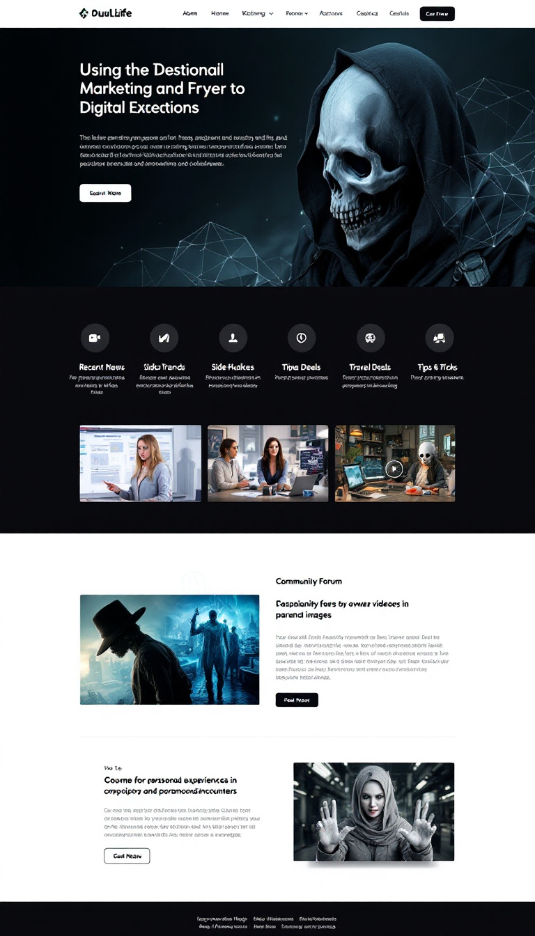 Design a one-page website for a digital marketing and technology business featuring sections on recent news and trends, side hustles, travel deals, tips and tricks, and a community forum for sharing personal experiences in conspiracy theories and paranormal encounters. Include options for users to post their own videos and images.