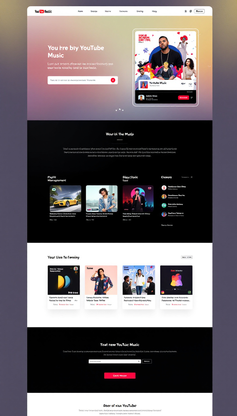 Create a simple one-page website for a music streaming service inspired by YouTube Music. The site should feature a clean, responsive design with a music player, playlist management, search functionality, and user account options. Focus on modern aesthetics and user-friendly navigation.