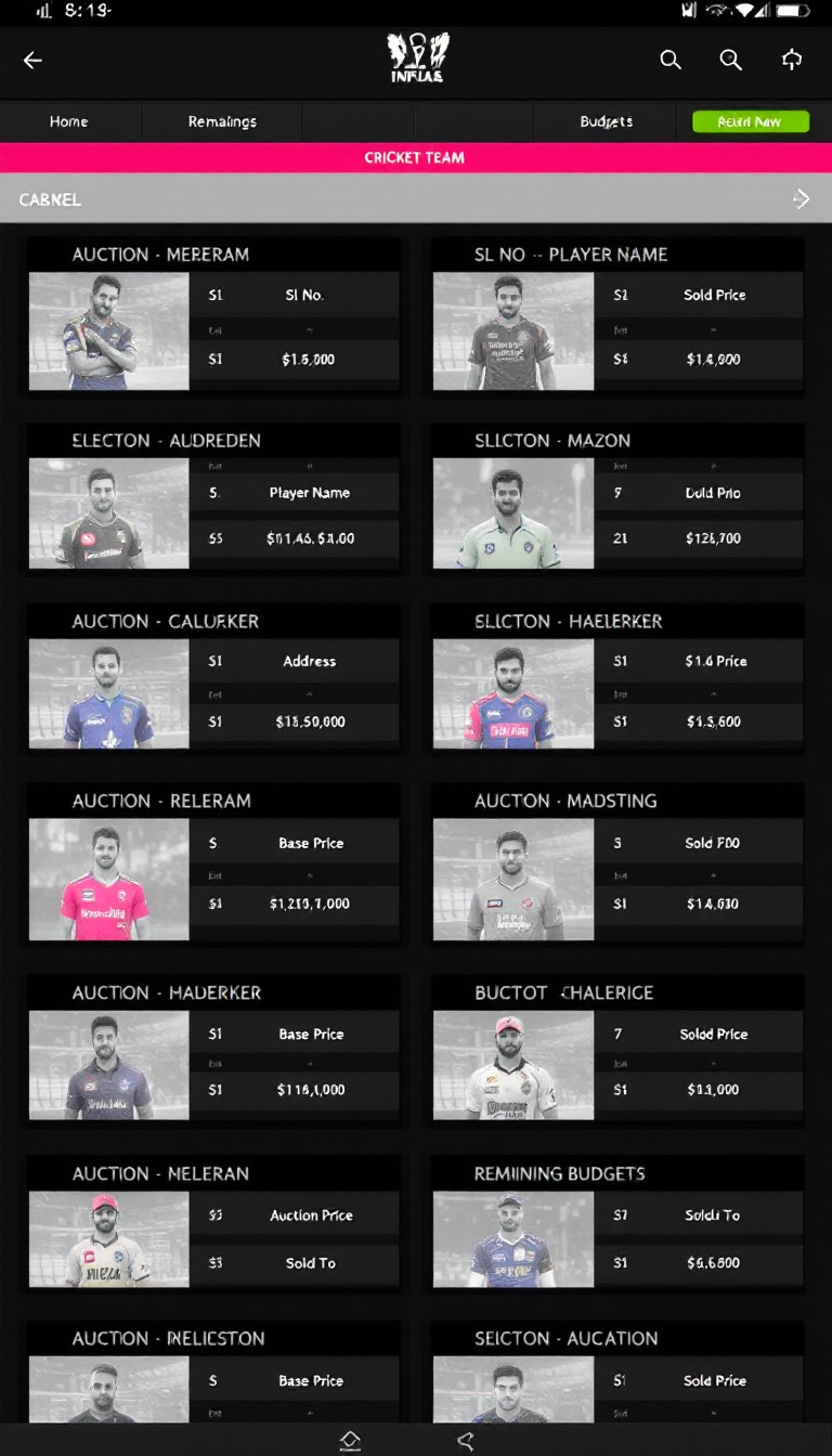Create a simple one-page website featuring eight cricket teams. Each team should have a table displaying the player's details (Sl No, Player Name, Address, Contact No, Playing Role, Base Price, Auction Price, Sold To) and a section to show the remaining budget for each team.