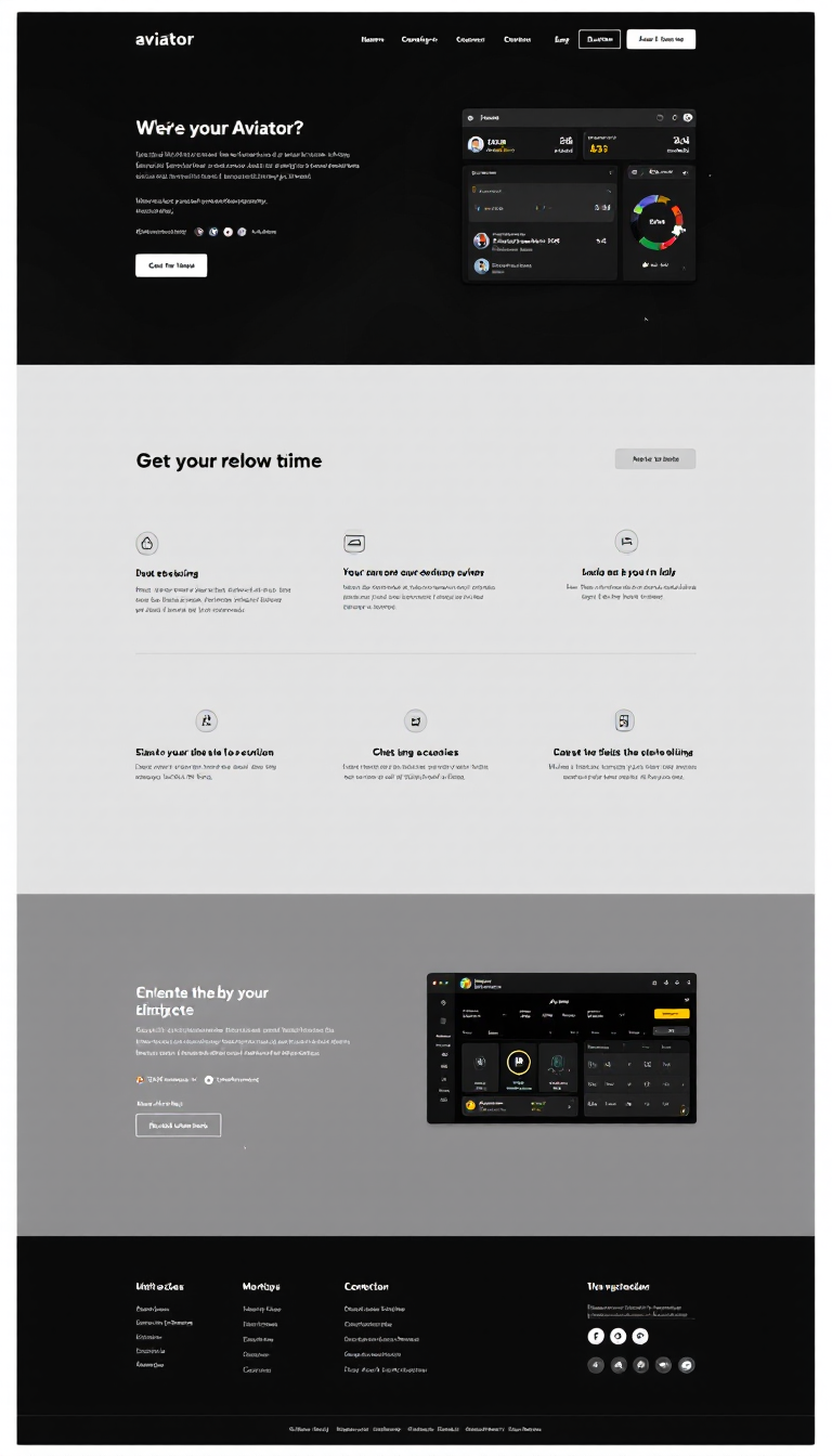 Create a simple one-page website for a game called "Aviator," featuring a sleek black and gray design. Include a logo, betting interface, game stats, and navigation buttons for a smooth user experience.