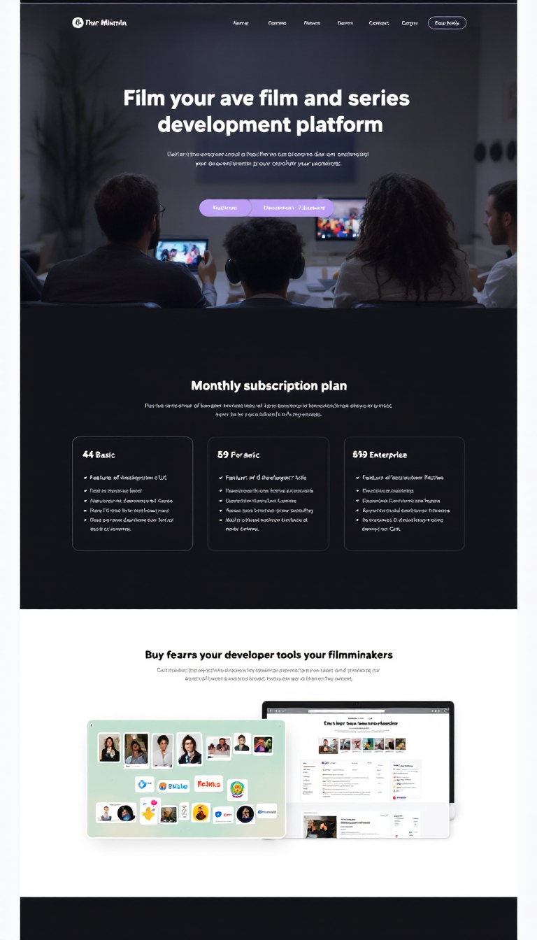 Create a simple one-page website for a film and series development platform, showcasing monthly subscription plans ranging from $4 for Basic to $59 for Enterprise. Include features of the developer tools available for filmmakers.