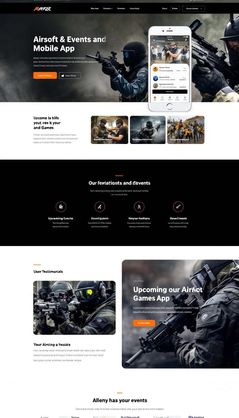 Design a one-page website for an airsoft mobile app showcasing events and games. Include sections for app features, upcoming events, and user testimonials.