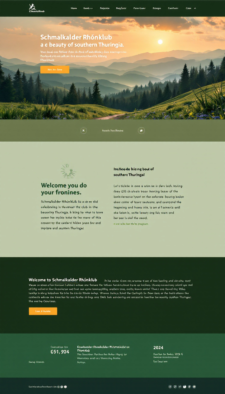 Design a one-page website for the Schmalkalder Rhönklub, a hiking club celebrating the beauty of southern Thuringia. Include a warm welcome message, an inspiring hiking quote, a brief introduction to the club's activities, an overview of the 2024 program, and emphasize the value of active membership.