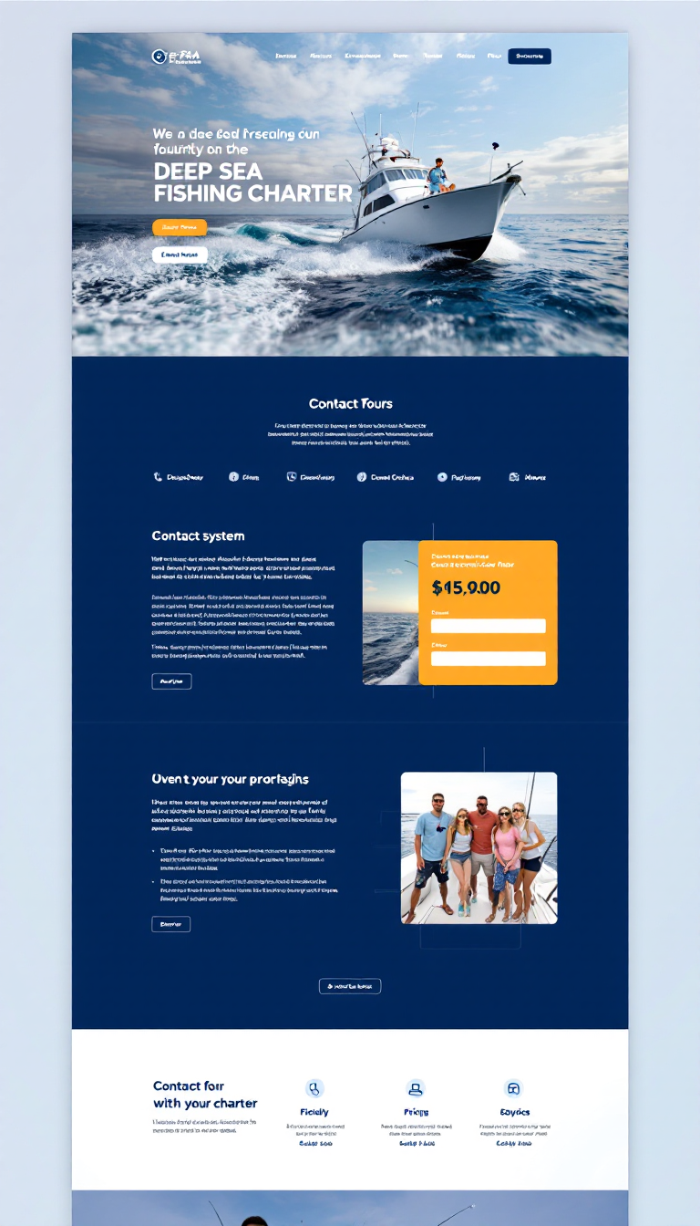 Create a one-page website for a deep sea fishing charter aimed at tourists, featuring a clean and modern design in blue and white. Include a booking system, contact form, pricing details, and a brief overview of services, while incorporating friendly and professional tone with ocean and fishing tour imagery.