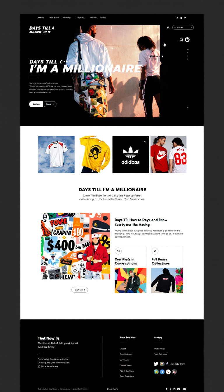 Design a one-page website for a streetwear brand called "Days Till I'm a Millionaire," featuring vibrant animations and a modern aesthetic. Focus on showcasing clothing collections and capturing the essence of urban fashion.