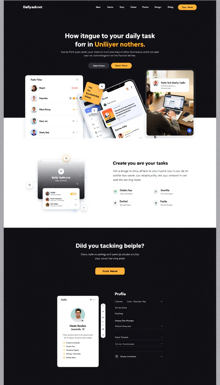 Design a clean, minimalist one-page website for Dailytasknet, a social network for users to create profiles and manage daily tasks. The layout should be user-friendly, highlighting task management features and profile creation, ensuring an intuitive and visually appealing experience for tracking tasks and interacting with others.