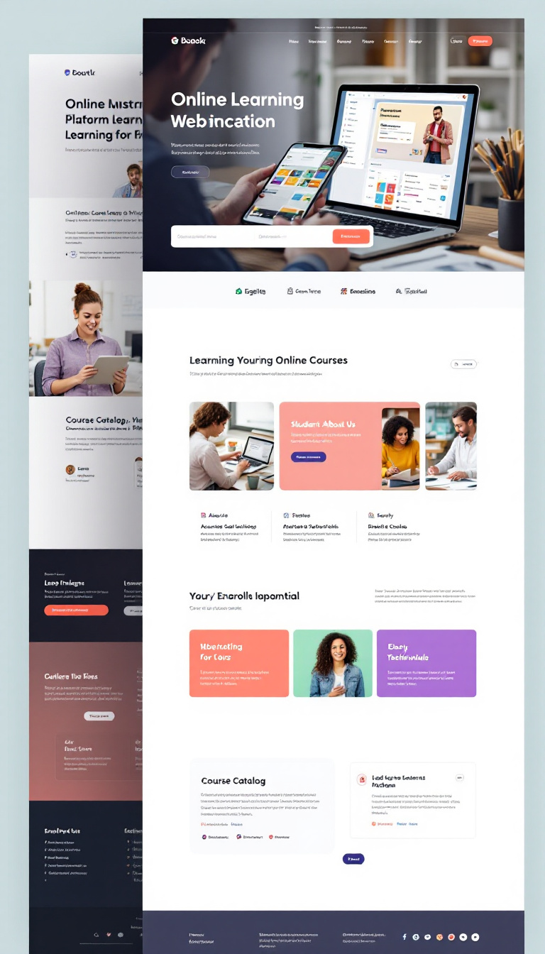 "Create a modern, one-page website for an online learning platform featuring an engaging homepage with clear call-to-action buttons, a course catalog with filters and descriptions, an 'About Us' section, student testimonials, and an easy enrollment process. The design should be mobile-responsive, SEO-friendly, and use a professional color scheme that promotes learning and growth."