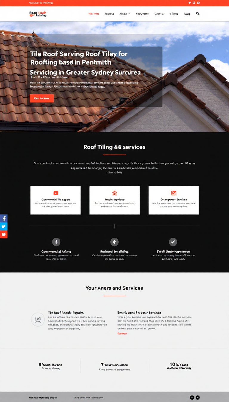 Design a clean, one-page website for a roof tiling business based in Penrith, servicing the Greater Sydney area. Include sections for commercial and residential services like tile roof repairs, installations, and emergency services, highlighting six years of experience and a 10-year warranty on all work.