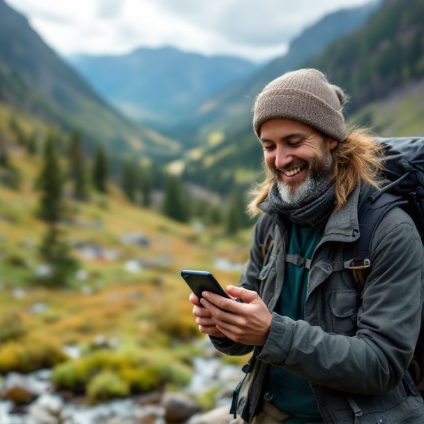 A smiling hiker using TrailNest app in a scenic valley