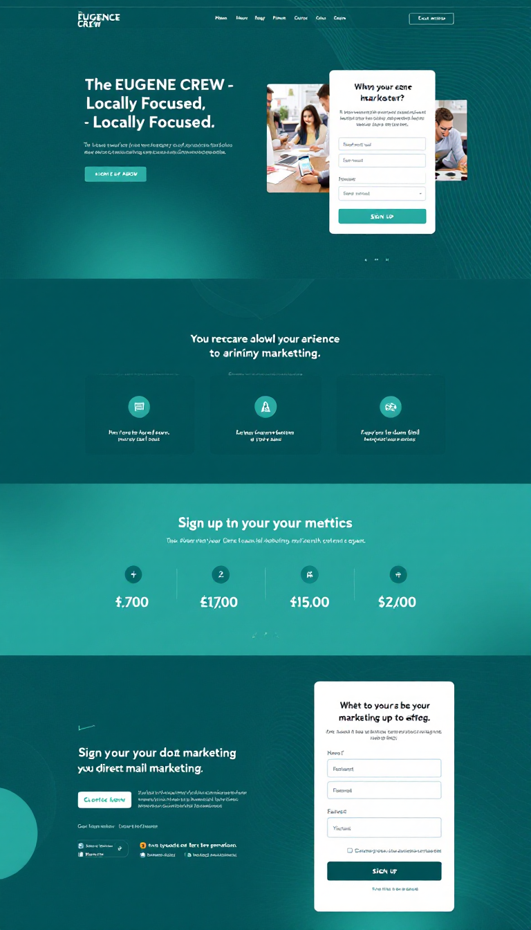 Design a one-page website for "The EUGENE CREW - Locally Focused," a marketing agency specializing in direct mail marketing. Use a neon dark teal and neon seafoam color scheme, include a payment acceptance feature, and implement a sign-up requirement for visitors to access the site.