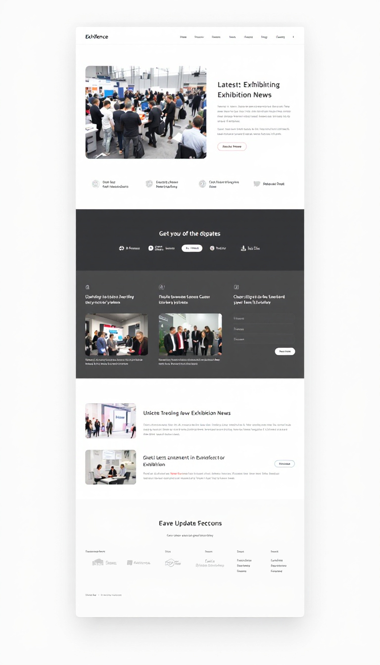 Design a sleek, one-page website for Exhiference Media that showcases the latest trending exhibition news and updates. Focus on a modern layout with visually appealing sections and easy navigation.