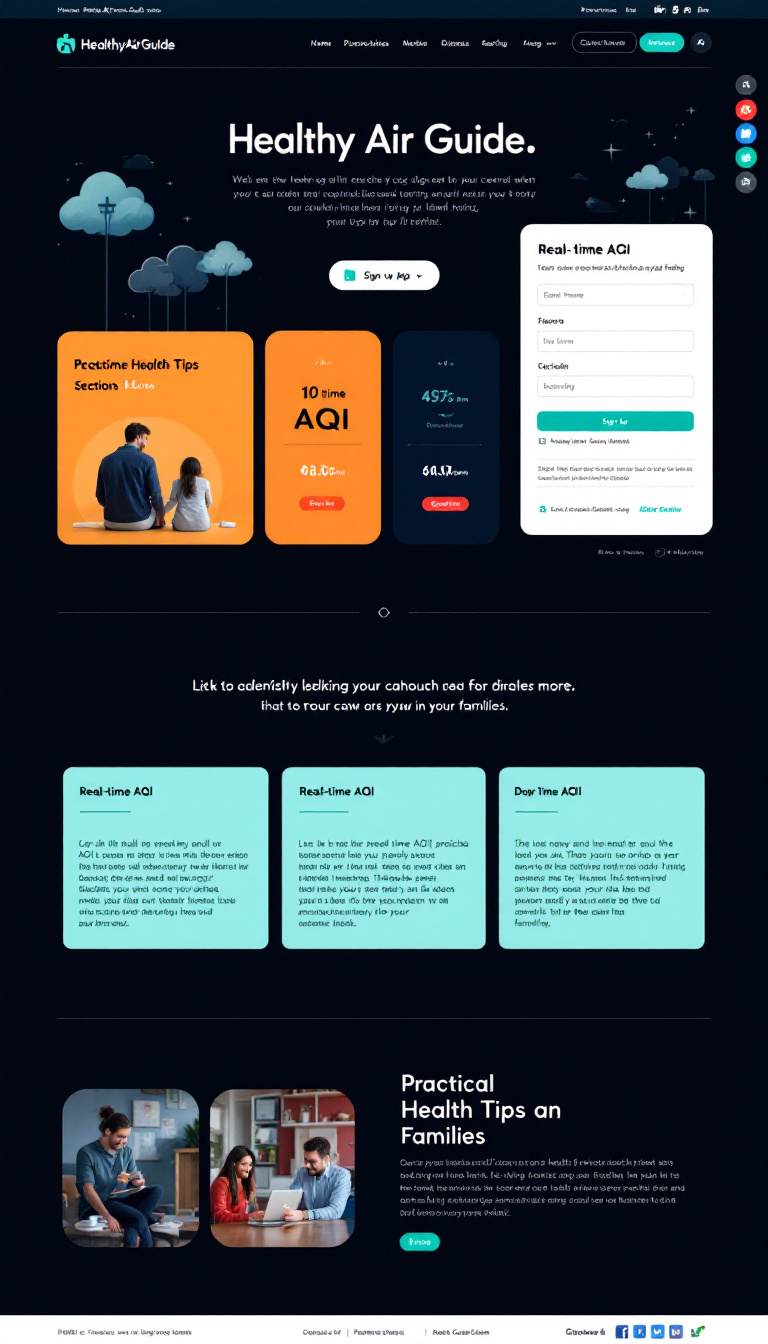 Design a one-page website called HealthyAirGuide.com with a techy dark theme, featuring sections for real-time AQI predictions and practical health tips for families. The site should be visually appealing, easy to navigate, and include options for users to sign up for updates or newsletters.
