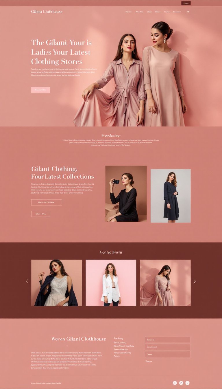 Design a one-page website for Gilaniclothhouse, a ladies' clothing store, featuring an elegant product gallery showcasing the latest collections. Incorporate an introduction, gallery, and contact form, using a sophisticated color scheme appealing to women.
