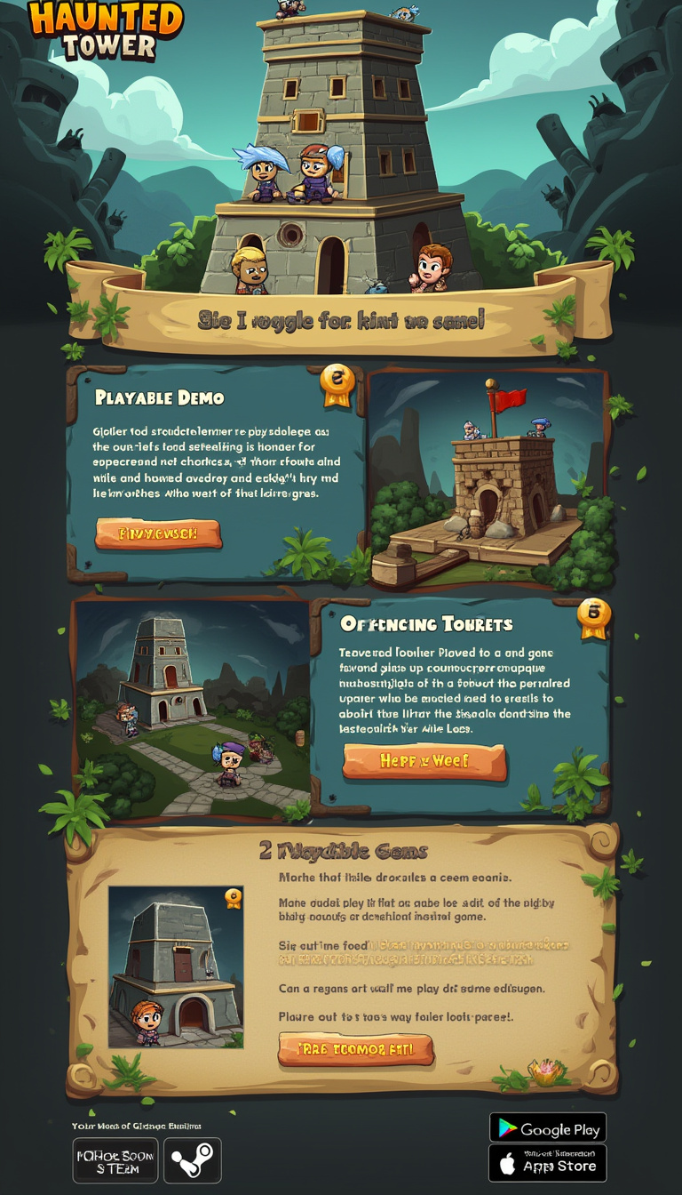 Design a one-page website for "Haunted Tower," a tower defense game featuring a playable demo and links to download on Google Play, Apple Store, and Steam. Include the tagline: "A clever tower defense game about Strategy and not Gems."