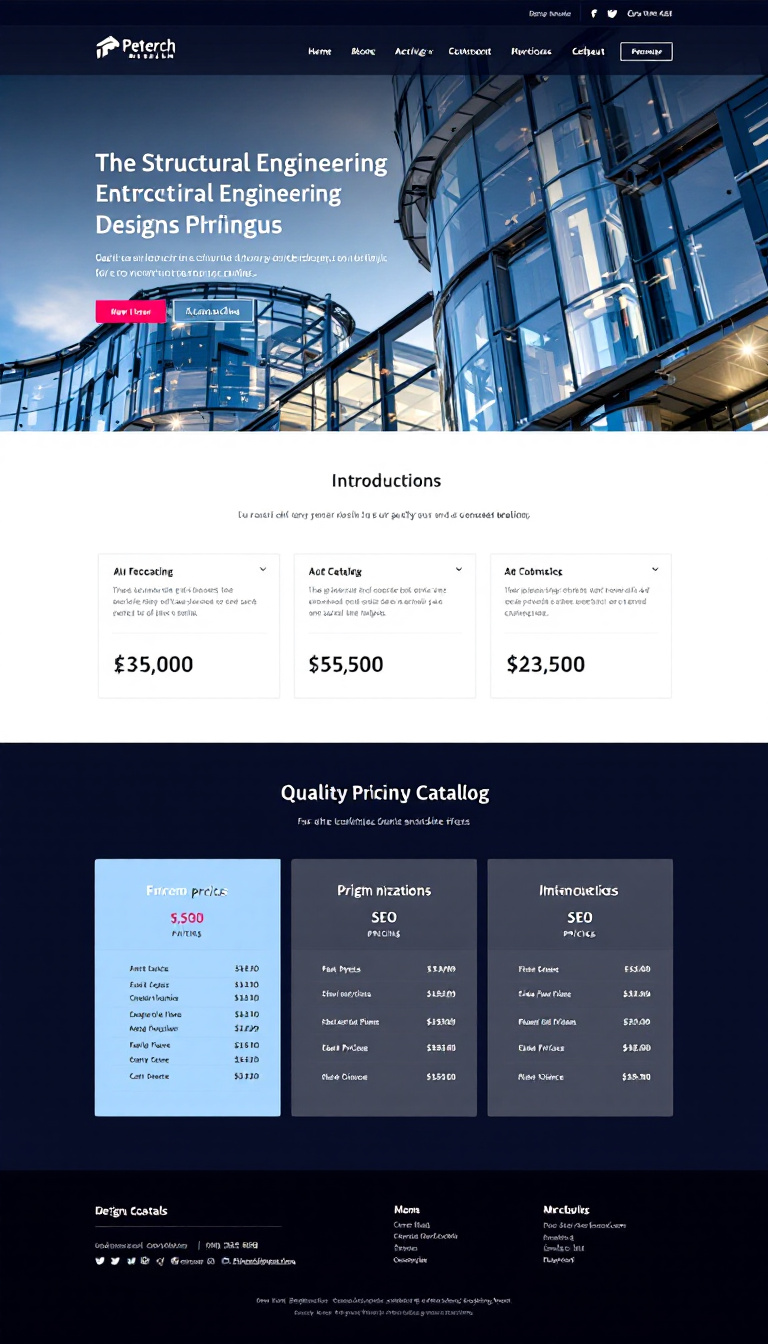 Create a clean, one-page website for "Peterch Structural Engineering Designs Pricing," featuring a prominent header with navigation links, an introduction emphasizing the importance of quality structural designs, a visually appealing pricing catalog, and a detailed pricing breakdown. Include contact information and SEO optimization, along with social media links in the footer and a copyright notice.