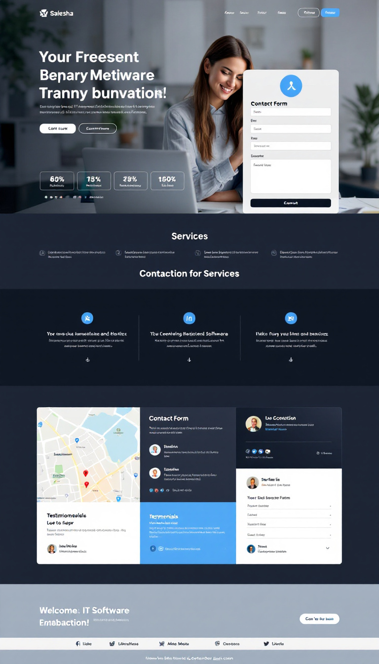 Design a clean, modern one-page website for Saiesha, an IT software company. Include sections for services, a contact form, a local map, testimonials, and links to social media.