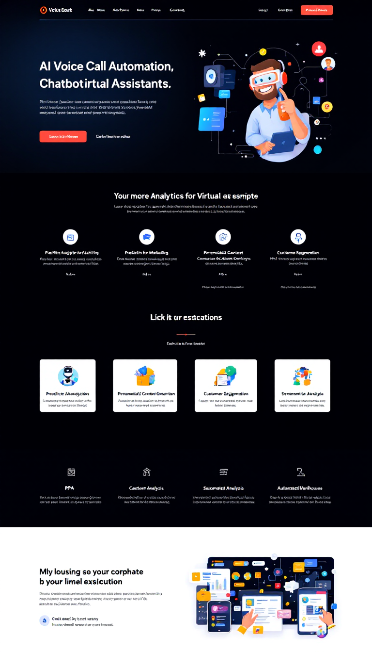 Create a simple, one-page website showcasing AI Voice Call Automation, Chatbots, and Virtual Assistants, along with features like Predictive Analytics for Marketing, Personalized Content Generation, Customer Segmentation, Sentiment Analysis, RPA, and Automated Warehouses. Focus on a clean design and user-friendly layout.