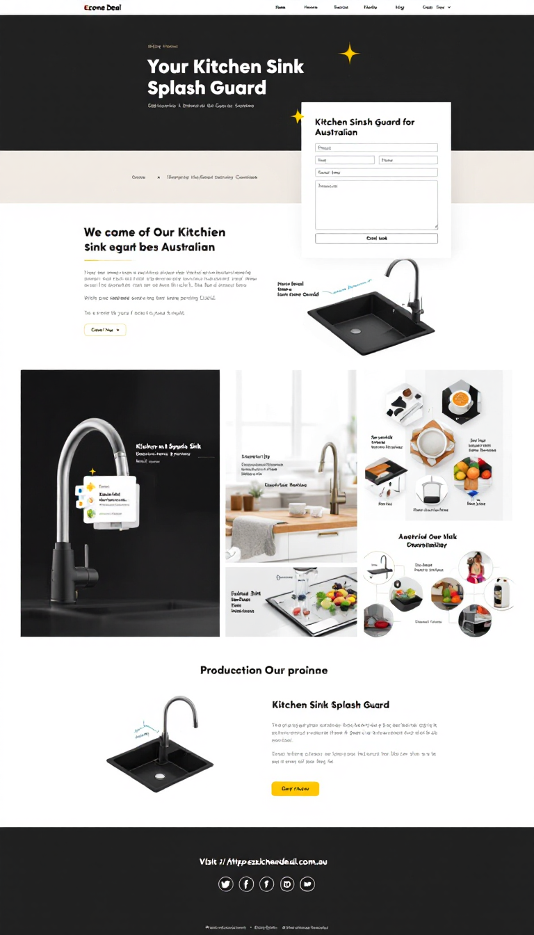 Design a simple and elegant one-page website for "Ezone Deal," highlighting their Kitchen Sink Splash Guard. Focus on Australian customers, showcasing product features and a clear call to action to visit the URL: https://ezonedeal.com.au/products/kitchen-sink-splash-guard.