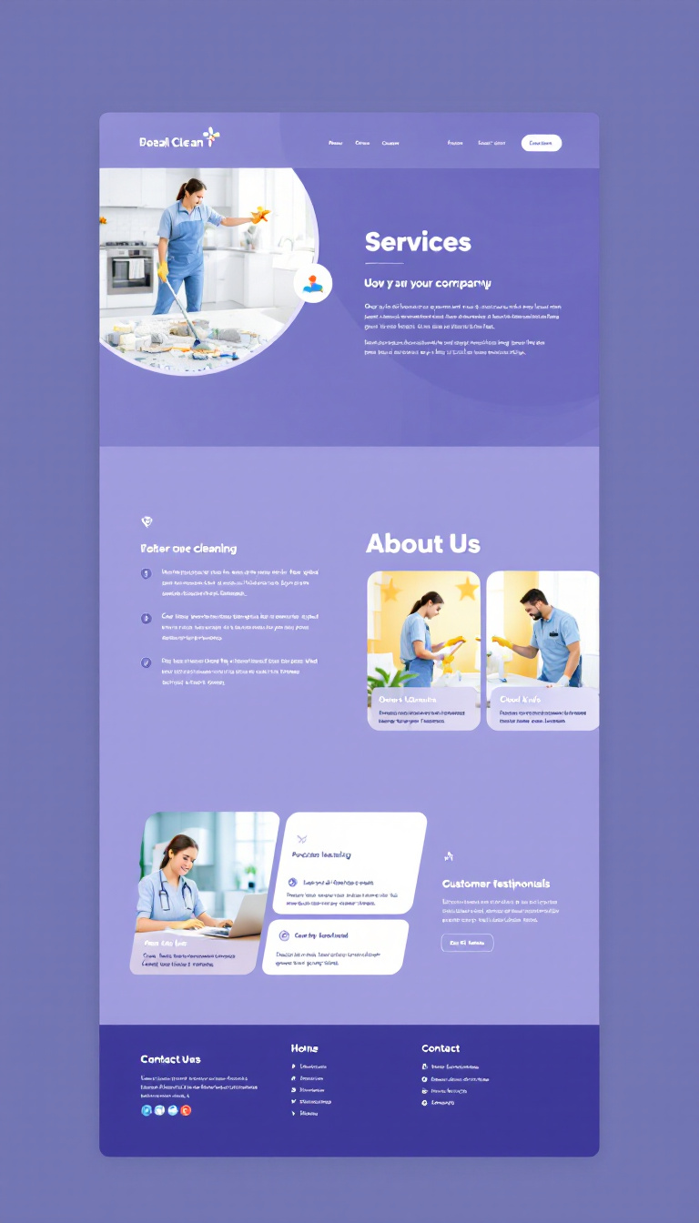 Design a simple and clean one-page website for a cleaning company, featuring sections for services, about us, customer testimonials, and contact information. Incorporate a fresh and professional color scheme to reflect a clean and tidy image.
