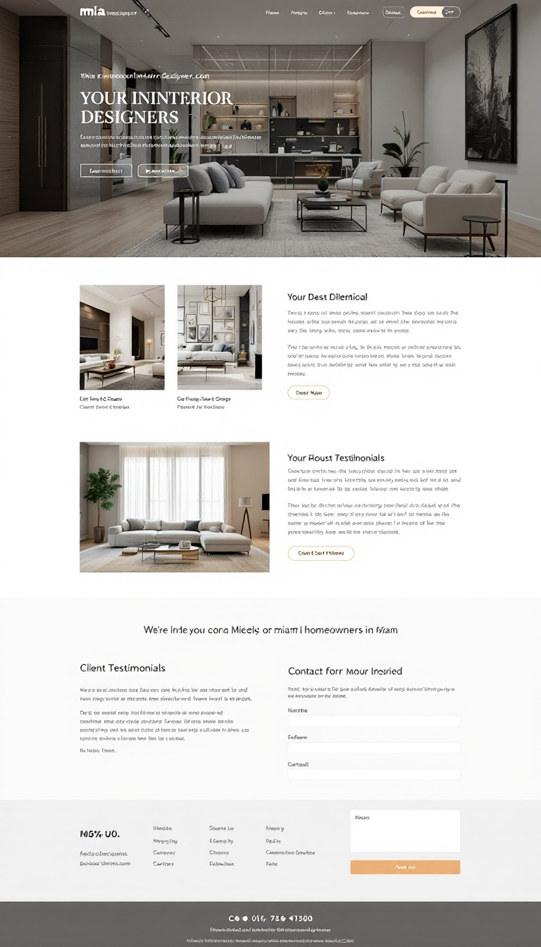 Design a sophisticated one-page website for 'miainteriordesigners.com' targeting homeowners in Miami. Include an elegant theme with an image gallery of designs, client testimonials, and a contact form for inquiries.