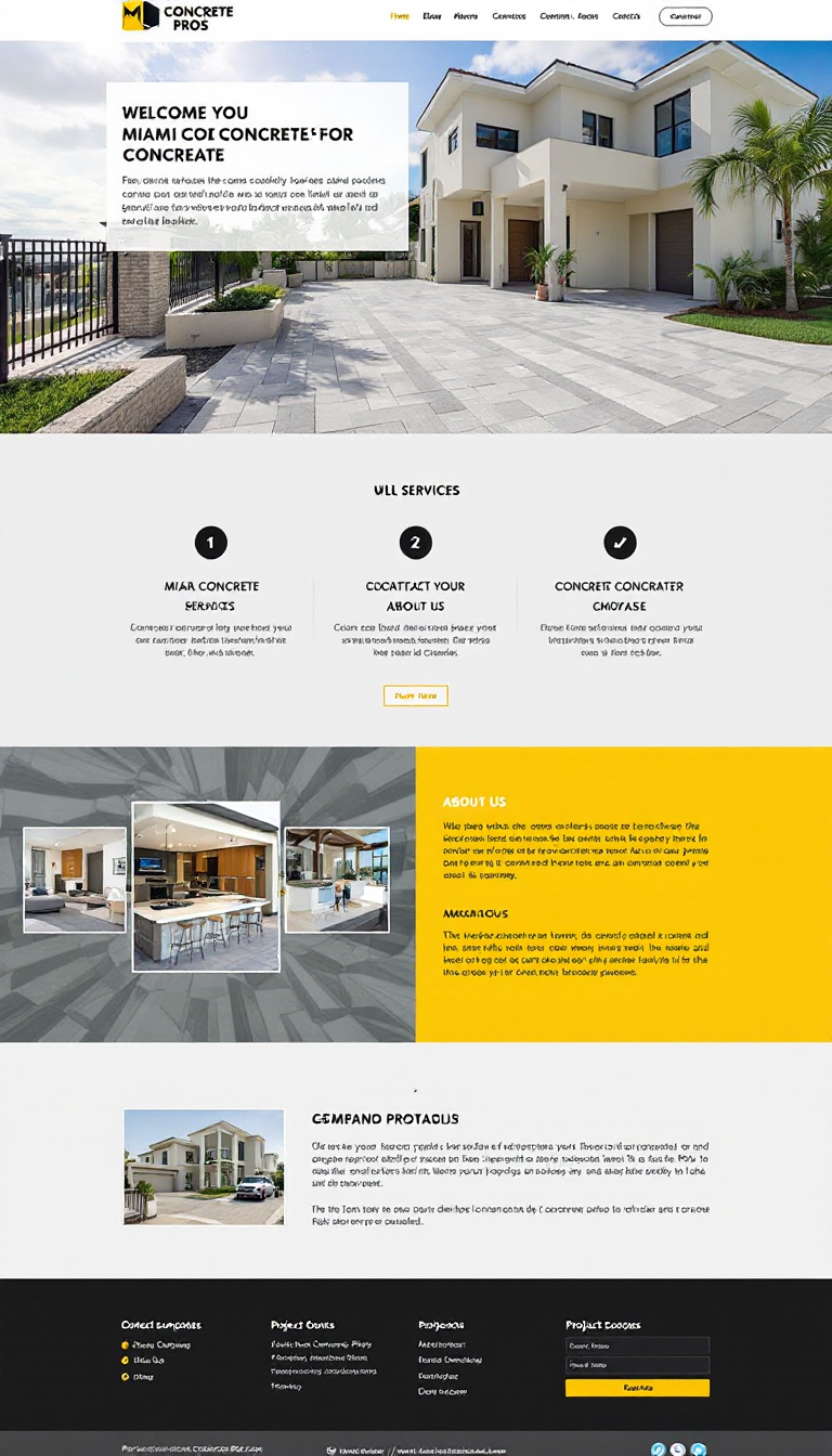 Create a one-page website for 'Miami Concrete Pros' that mirrors the design and structure of www.concretecontractormiami.weebly.com. Include sections for services, about us, contact details, and project showcases, all presented in a clean and professional style.