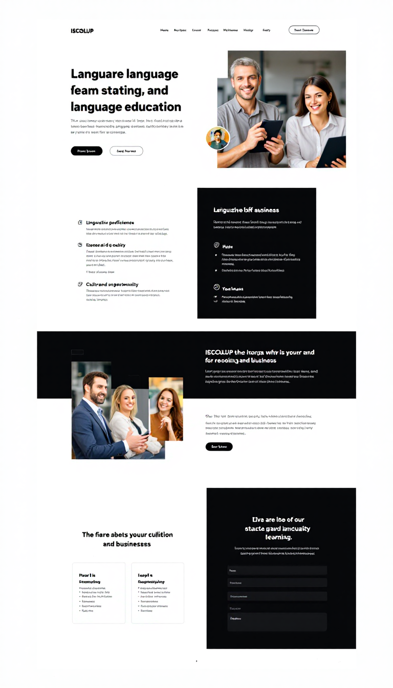 Create a clean and simple one-page website design for ISCOLUP, a language education company that specializes in innovative teaching methods and tailored programs for individuals and businesses. The design should emphasize linguistic proficiency, cultural understanding, and inclusivity while showcasing their commitment to quality education.
