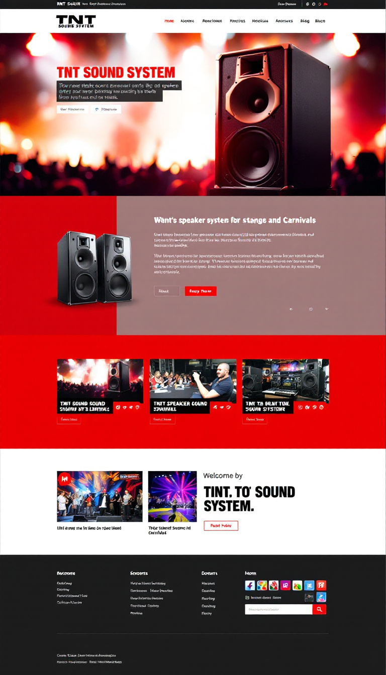 Create a one-page website design for "TNT Sound System," featuring a color scheme of red, white, and black. The site should showcase their speaker sound systems for events like stages and carnivals.