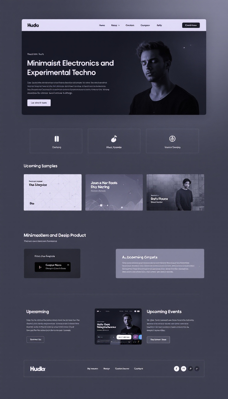 Design a one-page website for an independent electronic music producer and DJ focused on minimalist and experimental techno. Include sections for music samples, a bio, upcoming events, and contact information, all in a sleek, modern layout.