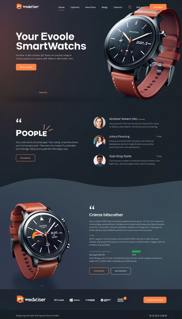 Design a simple one-page landing website to sell smartwatches, featuring a modern layout, engaging visuals, and clear call-to-action buttons. Highlight product features, customer testimonials, and a prominent purchase section.